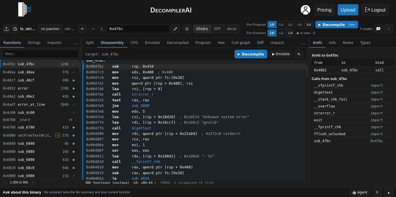 The disassembly listing of a function in the inspect tool